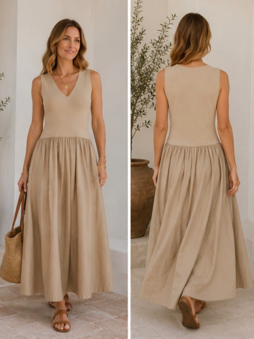 Taylor Sleeveless Mixed Media Maxi Dress Beige Small Minimalist Chic